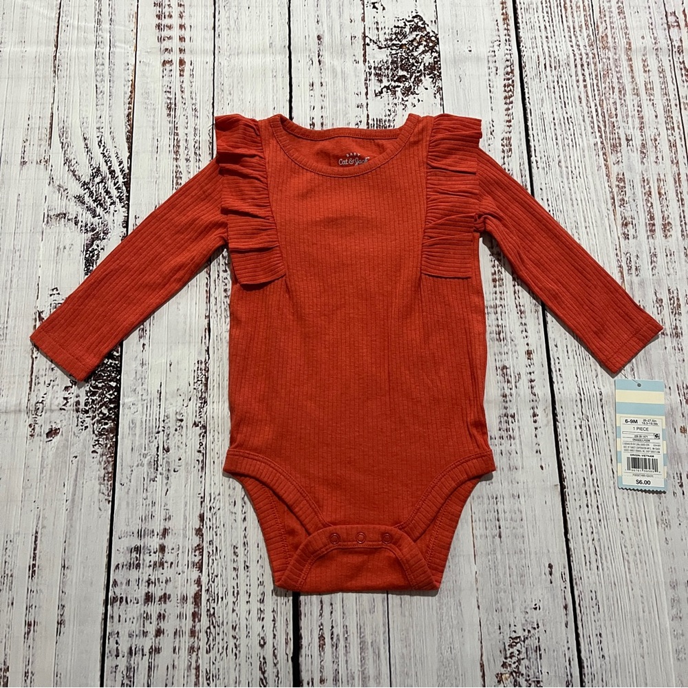 NWT Cat & Jack Orange Ruffled Long Sleeve Onesie-6-9M